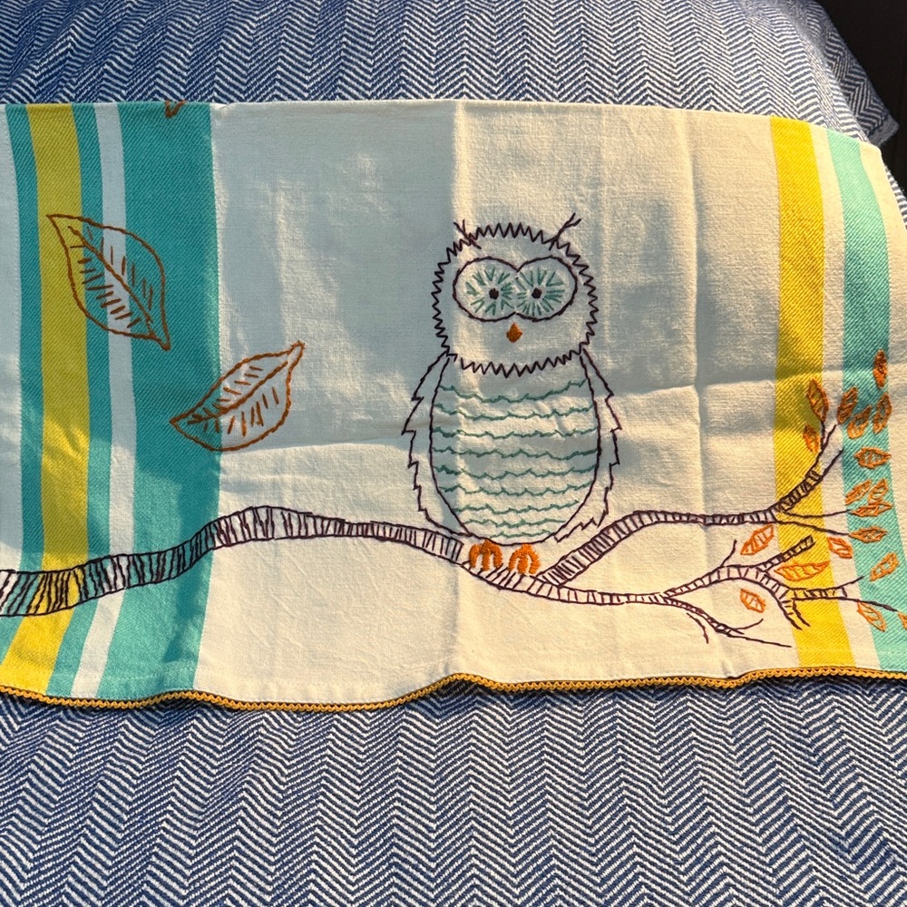 Anthropologie Owl Kitchen Towel - Teal, Yellow, Cream